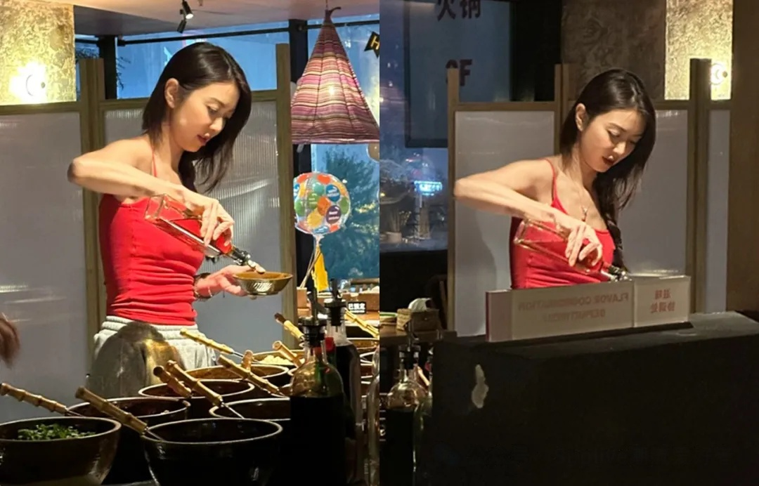 薛凯琪火锅店偶遇,红背心凸显青春活力